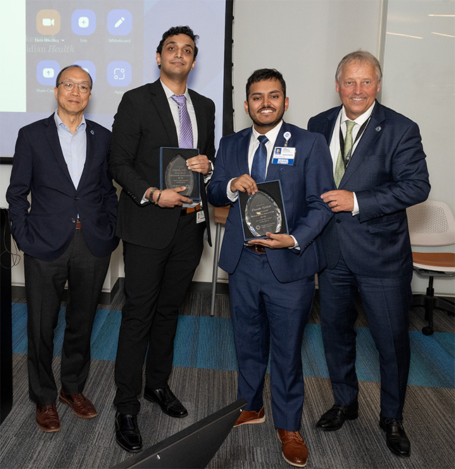 Assistant Dean of Research Zhiyong Han, Featured Student Arun Sangam, Featured Student Pramath Kalelkar, Vice Dean Stanley R. Terlecky